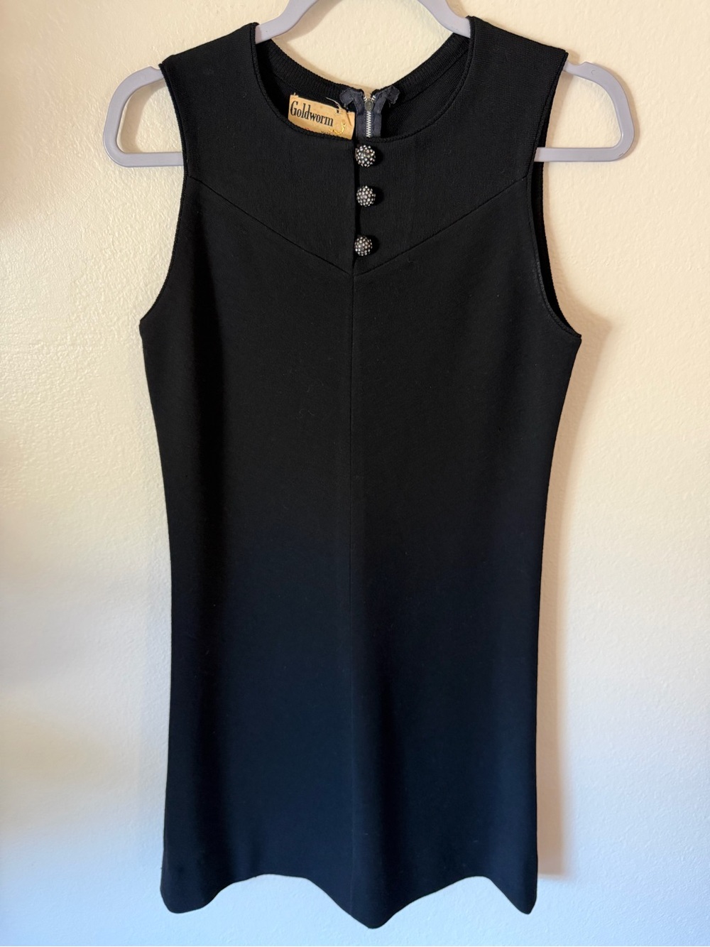 Vintage 1970’s Goldworm Black Sleeveless Dress with Decorative Buttons 100% wool